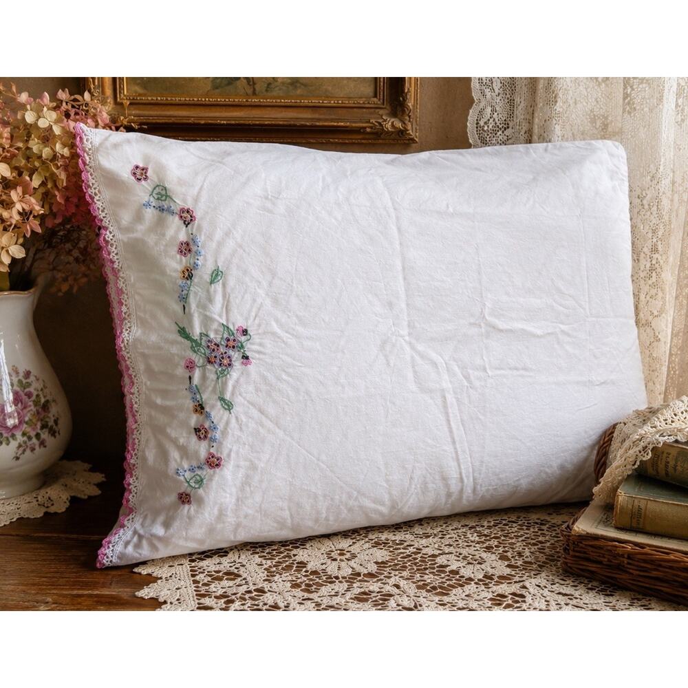 Vintage Hand Embroidered White Cotton Pillow Cover 27x20